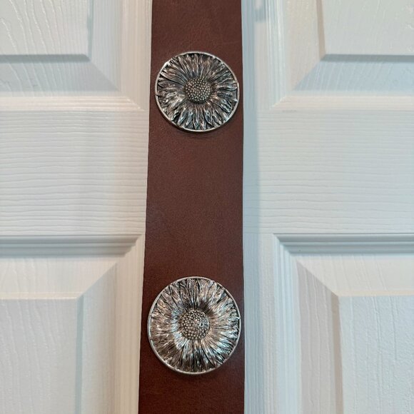 ? ZARA Wide Leather Floral Belt Brown Silver Metal Daisies 80 main image 7